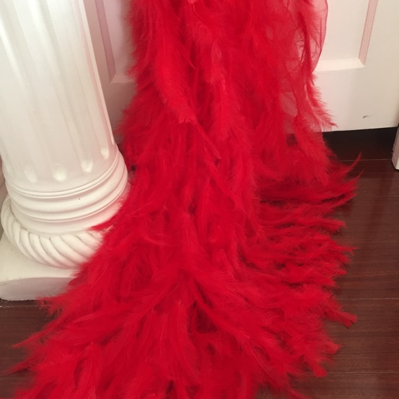 NEW! RED ANGEL DRESS HAND BEADED REAL FEATHER GOWN - Picture 11 of 15